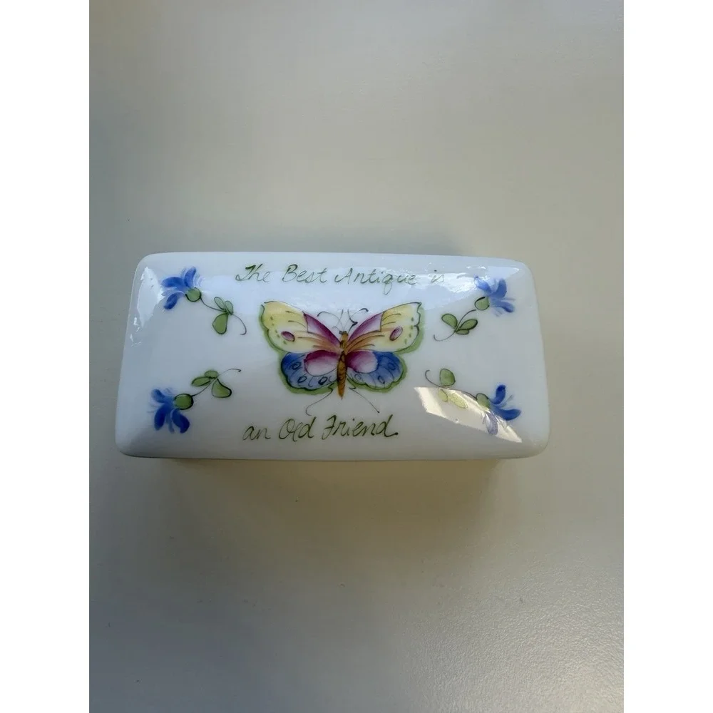 Porcelain White Trinket Jewelry Mini Box Floral Butterfly Coquette Hand Painted